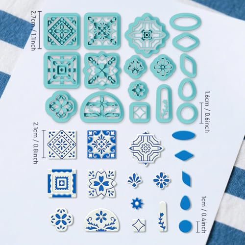 ORIGACH 17 Pcs Portuguese Peranakan Tiles Polymer Clay Cutters, Mediterranean Flower Frame & Tiles Design Clay Cutters for Polymer Clay Jewelry Earrings with a Clear Storage Box - style: Portuguese Peranakan Tiles