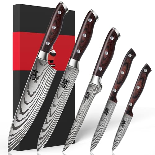 SHAN ZU Japanese Chef Knife Set 5 PCS, High Carbon Stainless Steel Ultra Sharp Kitchen Knives for cooking, Professional Chef Knife Set with Ergonomic Pakkawood Handle - color: 5 PC KNIFE SET