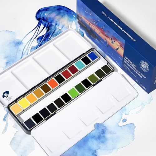 Paul Rubens Professional Watercolor Set - 24 Vibrant Ocean Colors for Seascape Painting, Artist-Grade Travel Watercolor Paints in Portable Metal Tin Box, Ideal for Artists, Beginners & Students - color: 24 Ocean Colors