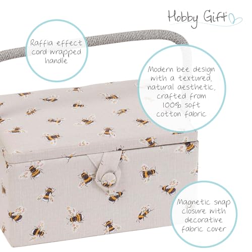Hobby Gift Medium Sewing Box Organiser, Fabric Covered Storage Box with Handle, Internal Tray, Pin Cushion and Pocket for Sewing, Quilting and Knitting Supplies - color: Bee