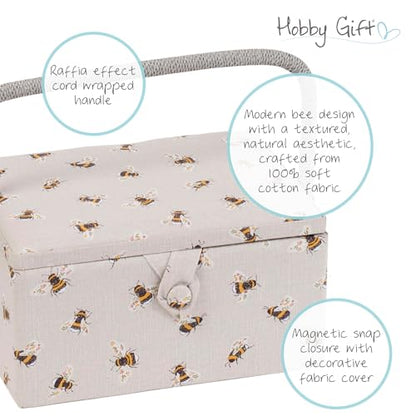 Hobby Gift Medium Sewing Box Organiser, Fabric Covered Storage Box with Handle, Internal Tray, Pin Cushion and Pocket for Sewing, Quilting and Knitting Supplies - color: Bee