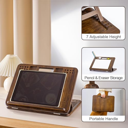 StrongTek Bamboo Tabletop Easel for Painting and Drawing, Adjustable Drawing Easel with Pencil & Eraser Holes, Stable Table and Lap Use for Sketching, Acrylic Painting and Reading - style: Brown