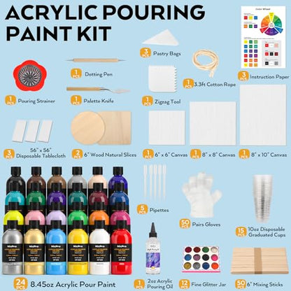 Nicpro 24 Colors 8.45oz Acrylic Pour Paint Supplies Kit, Large Volume Premixed High Flow Painting Bulk Set with Canvas, Wood Natural Slices, Pouring Oil, Tools Gloves, Strainer, Cups for Beginner DIY - color: 24 Colors