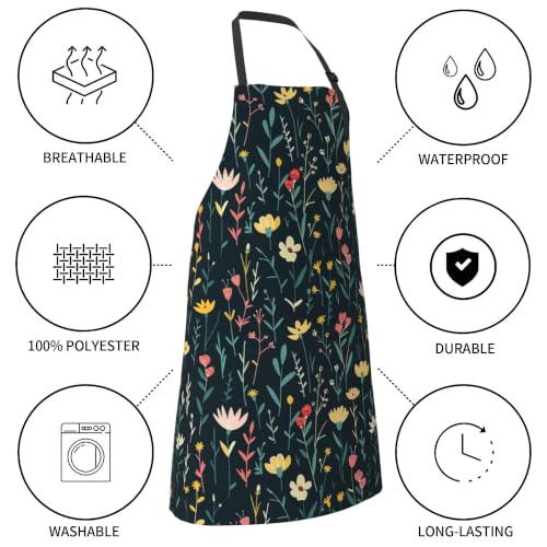Cream Pastel Wildflower Art Waterproof Apron with Pockets | Garden Aprons for Men Women Adjustable Bib Apron for Cooking Kitchen Baking BBQ Painting Housework Oil Resistant - color: Effulgent Petal Tapestry