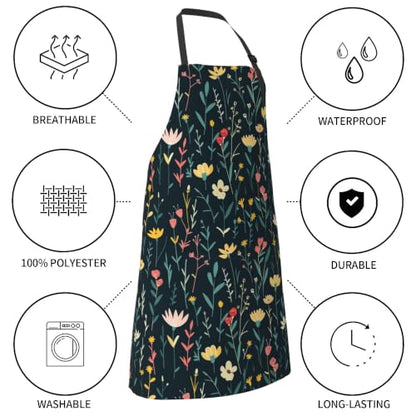Cream Pastel Wildflower Art Waterproof Apron with Pockets | Garden Aprons for Men Women Adjustable Bib Apron for Cooking Kitchen Baking BBQ Painting Housework Oil Resistant - color: Effulgent Petal Tapestry