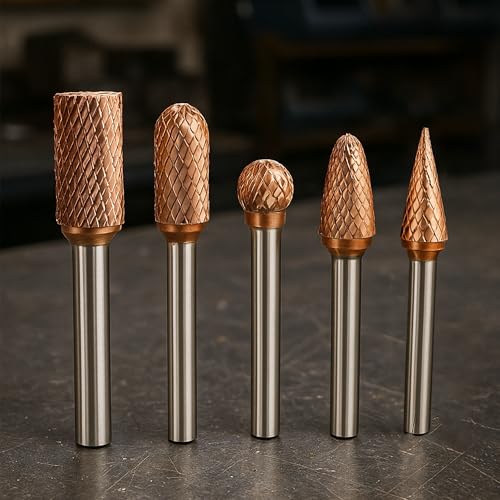 TJR® 3/8" head Carbide Burrs Set with 1/4" Shank 5pcs and ULTRACo Coating - Double Cut. For Steel, Stainless Steel, Hardened steel, and Aluminum, Wood for Grinding and Deburring applications