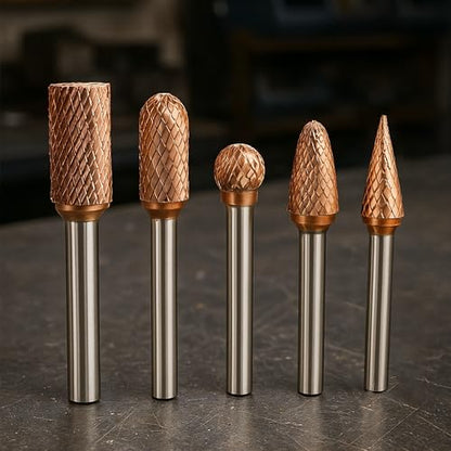TJR® 3/8" head Carbide Burrs Set with 1/4" Shank 5pcs and ULTRACo Coating - Double Cut. For Steel, Stainless Steel, Hardened steel, and Aluminum, Wood for Grinding and Deburring applications