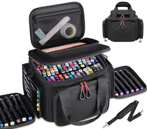 Large Marker Organizer Case for 200-300 Markers, Art Marker Storage Bag with Removable Dividers & 4 Pockets for Paint Markers, Shoulder Strap, Pencil Alcohol Marker Holder