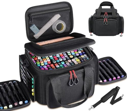 Large Marker Organizer Case for 200-300 Markers, Art Marker Storage Bag with Removable Dividers & 4 Pockets for Paint Markers, Shoulder Strap, Pencil Alcohol Marker Holder