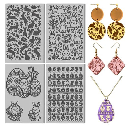 CHGCRAFT 4 Sheets Easter Bunny Clay Texture Mat Easter Egg Pattern Polymer Clay Texture Sheets DIY Tools for Pottery Earring Jewelry Making Stamp Engraving Machines, 3.9x2.6inch - style: Easter Egg