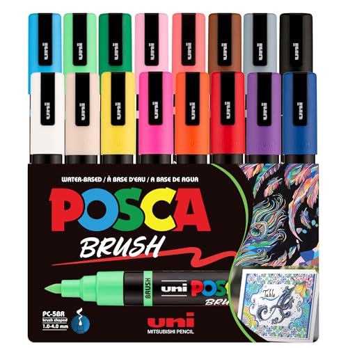 POSCA PC-5BR Water-Based Paint Markers, Reversible Brush Tip (1.0-4.0mm), Assorted Colors, 16 pack - size: 1 Count (Pack of 16), style: Brush Tip