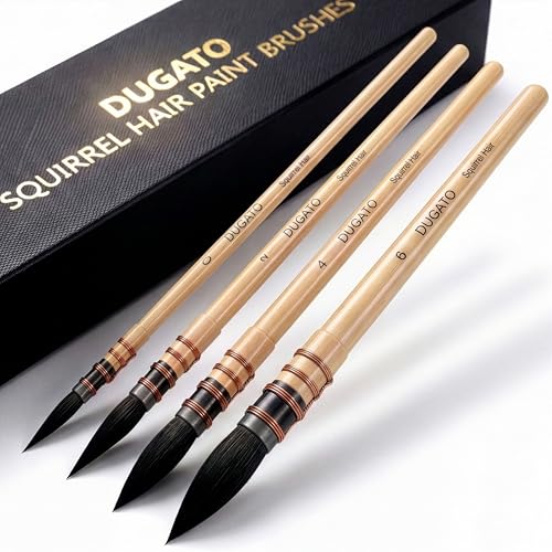 DUGATO Squirrel Hair Watercolor Paint Brushes, Mop Round Tip Brush, 4-Piece | 100% Real Squirrel Hair, Fine Point with High Water Retention, Birch Wood Handle, Ideal for Washes & Blending - color: 4 Brushes