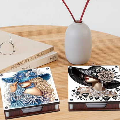 JISHSHAY 2 PCS Diamond Art Note Box Beautiful Woman Diamond Painting Note Pad Holder Gem Painting Gem Art Memo Pad Holder Mosaic Kits for Adults Embroidery Kit Memo Boxes, Contains 120 Sheets of Paper - color: Woman 2