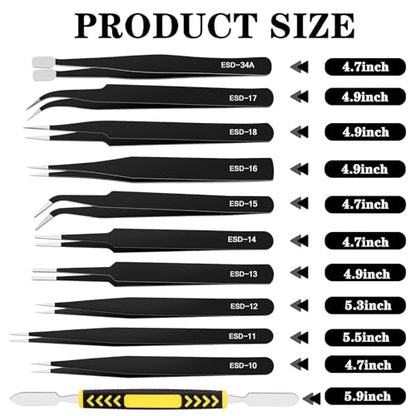 11 PCS Precision Tweezers Set, ESD Tweezers Set, Premium Craft Tweezers Kit, Anti-Static Stainless Steel Tweezers with Tweezer Storage Bag for Lab, Electronics, Jewelry, Laboratory Work, DIY