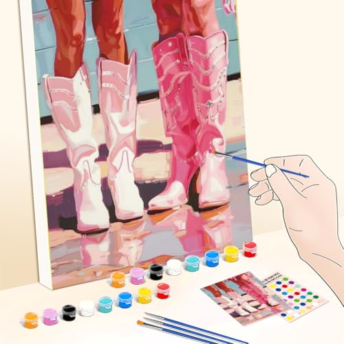 WEBEEDY Pre Drawn Canvas for Painting Retro Canvas Painting Set with Pink Cowgirl Boots Pattern,Outline Painting Boards for Beginners Funky Room Wall Art Decor, 8 x 10 Inch/20 x 25cm