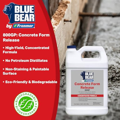 BLUE BEAR 800GP: Concrete Form Release - High-Yield - Non-Staining - Biodegradable Concrete Release Agent for Wood, Metal, Plastic, Styrene, Urethane & Fiberglass Forms