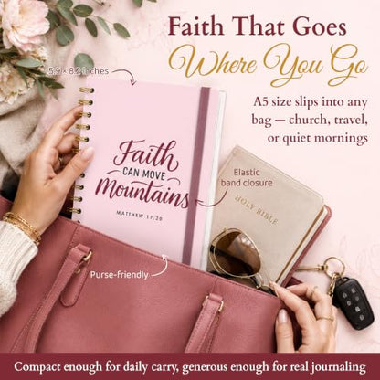 Hardcover Blank Christian Notebook – 140 Pages - Matthew 17:20 | Lined Pages with Bible Verse Cover – Inspirational Writing Spiral Notebook for Bible Study, "Faith Can Move Mountains", Pink - color: Faith_Pink