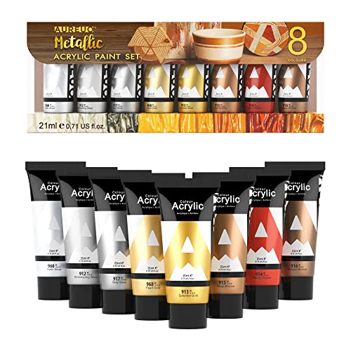 AUREUO Metallic Acrylic Paint Set - 8 Essential Colors 0.71 Fl Oz / 21ml Tubes Gold Silver Art Paints for Crafts Decor Rich Pigments Non-toxic Painting Supplies for Artists - color: 8 Metallic Colors, size: 0.71 Fl Oz (Pack of 8)