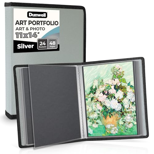 Dunwell 11x14 Art Portfolio Binder with Mounting Paper (Silver), Large Portfolio Folder for Artwork Storage, 24 Clear Sleeves Displays 48 Pages, Acid-Free Poly 11 x 14 Presentation Book - color: Silver, size: 11x14" w/ BLK Paper