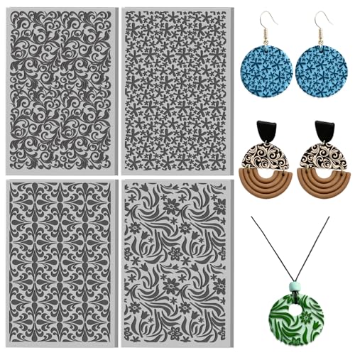 4 Sheets Artistic Retro Patterns Clay Texture Mat Abstract Flowers Polymer Clay Texture Sheets DIY Tools for Pottery Earring Jewelry Making Stamp Engraving Machines, 3.9x2.6inch - color: Abstract Flowers