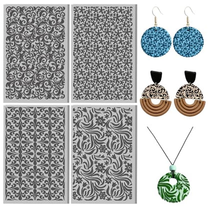 4 Sheets Artistic Retro Patterns Clay Texture Mat Abstract Flowers Polymer Clay Texture Sheets DIY Tools for Pottery Earring Jewelry Making Stamp Engraving Machines, 3.9x2.6inch - color: Abstract Flowers