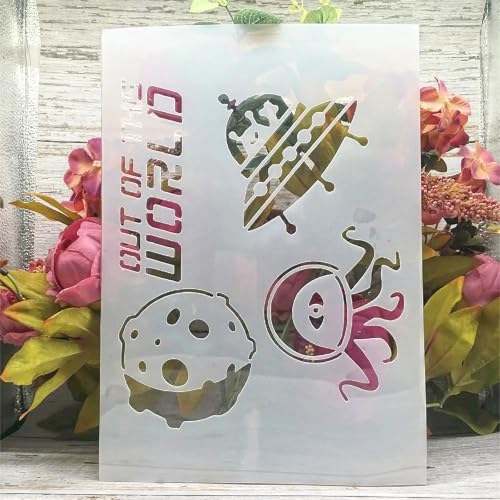 TIAMECH A4 Reusable Alien UFO Meteorite Stencil for Painting | Out of World Layering Template, DIY Wall Art, Wood Furniture, Scrapbook & Crafts (8.3x11.7inch) - style: Alien UFO Meteorite