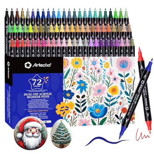 Artecho Acrylic Paint Markers 72 Colors, Acrylic Paint Pens with Brush Tip and Fine Tip for Stone, Rock Painting, Paper, Pumpkin, Wood, Egg, Canvas, Ceramic, Fabric, leather, Glass, DIY Crafts - color: 72 Colors