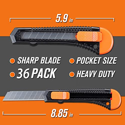 REXBETI 36 Pack Utility Knife, Retractable Box Cutter for Cartons, Cardboard and Boxes, 18mm Wider Razor Sharp Blade, Smooth Mechanism, Perfect for Office and Home use (36 Pack) - style: 36 Pack