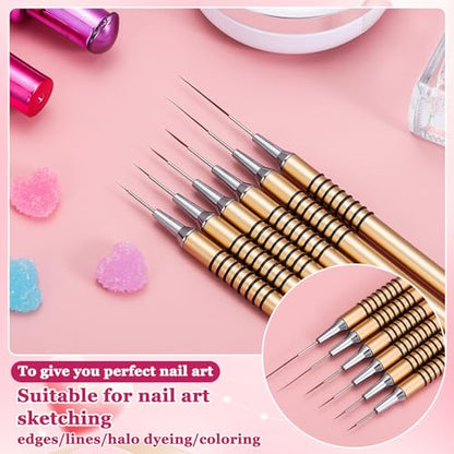 6Pcs Nail Art Liner Brushes Set, Fine Drawing Painting Details Design Striping Brush With Gel Polish Acrylic Handle Gifts Manicure Tools DIY Sizes 5/7/9/11/15/25mm, Gold - color: Gold