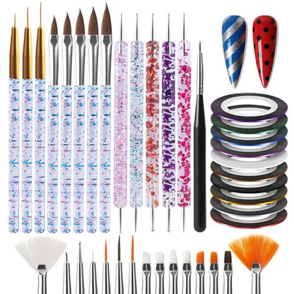 Artdone 38Pcs Nail Striping Tape Lines Kit With Nail Art Pens Dotting Tools And Liner Brushes For Gel Polish Small Detail Drawing Design Paint - color: 38Pcs Color Set