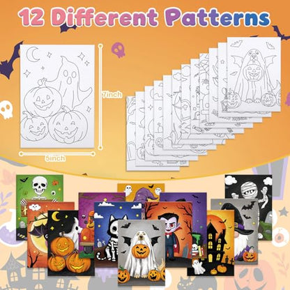 Anseal 12 Packs Halloween Pre Drawn Canvas to Paint, 5" X 7" Pre Printed Canvas for Kids, Pre Stretched Canvas Outline Painting Boards for Beginners, Students, Party Favor (Halloween) - color: Halloween