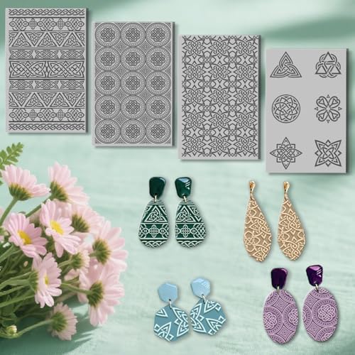 4 Sheets Geometric Patterns Clay Texture Mat Geometric Textures Polymer Clay Texture Sheets DIY Tools for Pottery Earring Jewelry Making Stamp Engraving Machines, 3.9x2.6inch - color: Geometric Patterns
