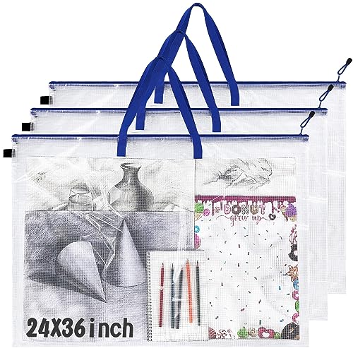 3 Pieces Art Portfolio Case 24 x 36 Inch Large Art Storage Bag Portfolio Case Poster Storage Bag with Zipper and Handle Clear Organizer Folder for Back School Large Paintings Artwork (Dark Blue) - color: Dark Blue