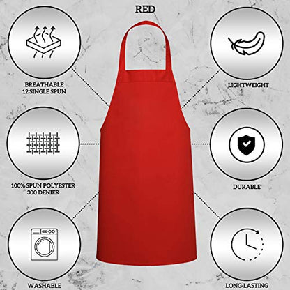 GREEN LIFESTYLE 12 Pack Bib Apron - Unisex Red Aprons, Machine Washable Aprons for Men and Women, Kitchen Cooking BBQ Aprons Bulk (Pack of 12, No Pockets, Red) - color: Red, size: Pack of 12, No Pocket