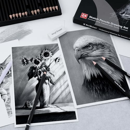 24PCS Professional Sketch Pencil Set – 5H to 14B Pencils, Charcoal Pencils, Art Supplies Kit with Erasers, Sharpener, Knife – Ideal Gift for Artists, Students, Kids, Beginners