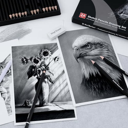 24PCS Professional Sketch Pencil Set – 5H to 14B Pencils, Charcoal Pencils, Art Supplies Kit with Erasers, Sharpener, Knife – Ideal Gift for Artists, Students, Kids, Beginners
