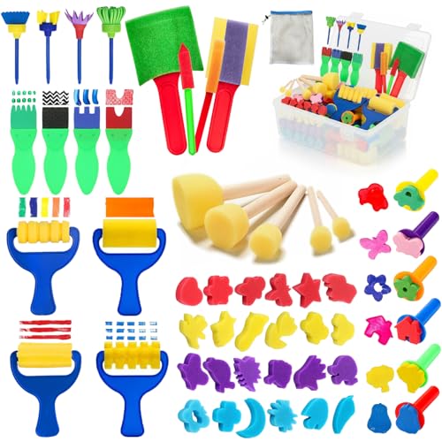53-Pack Sponge Paint Brushes, Washable Painting Brushes, Toddler Painting Set, Early Learning Foam Roller Sponge Art Crafts Kit with Storage Bag, Creative Gift - style: 53 Pcs