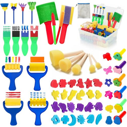 53-Pack Sponge Paint Brushes, Washable Painting Brushes, Toddler Painting Set, Early Learning Foam Roller Sponge Art Crafts Kit with Storage Bag, Creative Gift - style: 53 Pcs