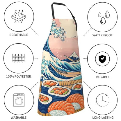 KKdskkds Tribal Boho Geometric Multi-Purpose Adjustable Waterproof Apron With Pocket For Men Women - color: Sushi Wave and Fujiyama
