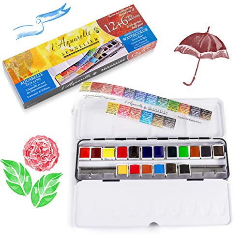 SENNELIER L'Aquarelle French Watercolor Paint, Metal Set of 18 Half Pans