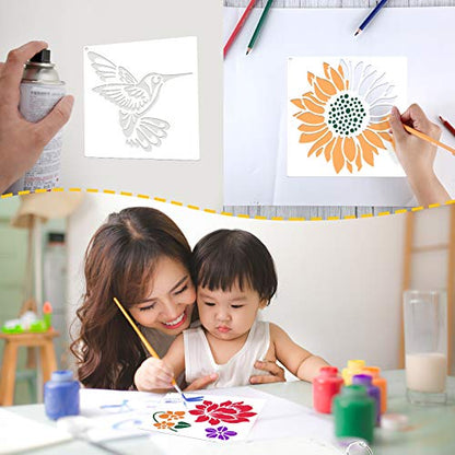 Zonon 16 Pieces Stencils for Painting, Reusable Large Butterfly Hummingbird Sunflower Stencil with Metal Open Ring, DIY Craft Templates for Spring Summer Wood Wall Canvas Home Decor(6.3 x 6.3 Inch) - size: 6.3 x 6.3 Inch
