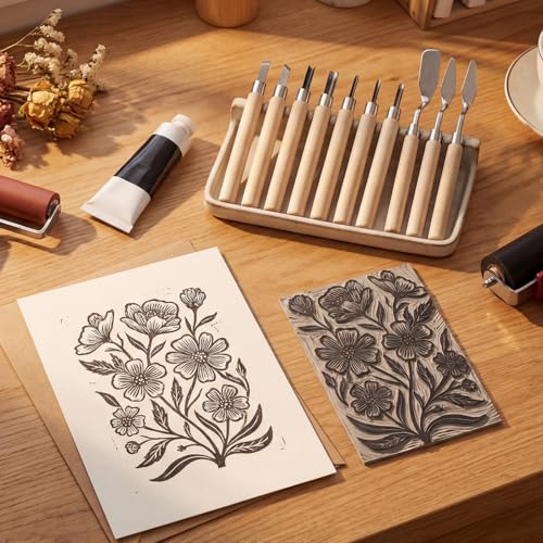 9 PCS Stamp Making Kit, Linocut Tools, Stamp Carving Kit Linoleum Carving Blocks for Printmaking with 3 Scrapers for Beginners Oil Painting Wallpaper DIY Crafts Wood-Carving