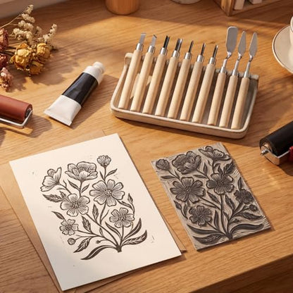 9 PCS Stamp Making Kit, Linocut Tools, Stamp Carving Kit Linoleum Carving Blocks for Printmaking with 3 Scrapers for Beginners Oil Painting Wallpaper DIY Crafts Wood-Carving