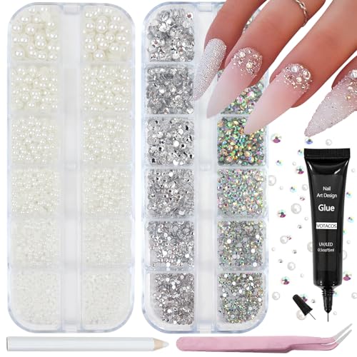 Nail Art Pearls Rhinestones with Glue Gel White Flatback Pearls Luxurious Nail Charms Supplies Accessories Colorful Nails Rhinestones Gems Jewelry for Women Nails Design - color: Colorful-03