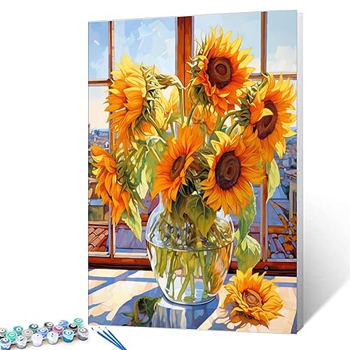Tucocoo Sunflowers DIY Paint by Numbers for Adults Flowers in Glass Vase DIY Oil Painting Acrylic Paint Art Painting Kits Canvas with Acrylic Paint Floral Art 16x20 Inch （DIY Frame ） - color: Flower in Vase 06, size: 16''x20''(DIY Frame)