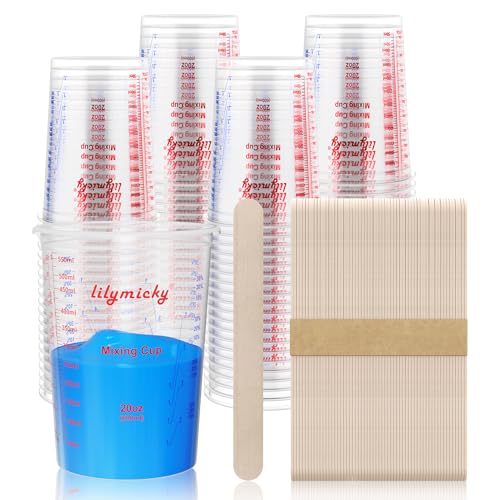 100 Pack Plastic Mixing Cups, 20 oz (600ml), Disposable Measuring Cups with 50 Wooden Mixing Sticks, Measurement ratios: 2:1, 3:1, 4:1, Suitable for Epoxy Resin, Liquid Measuring, and Paint