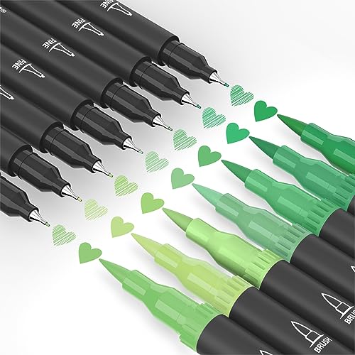 Green Markers, 12 Pack Dual Brush Pens Drawing Markers for Art Sketching - color: Green