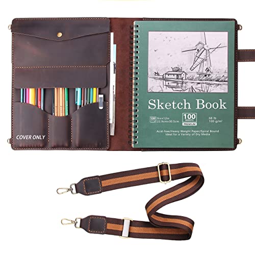 Robrasim Handmade Leather Sketchbook Cover, Artist Sketch Pad Holder for 9"X12" Sketchbook, Drawing Book and Pencil Case, Journal Notebook Portfolio with Shoulder Strap, Artist Gifts, Coffee - color: Coffee, size: 9" x 12"