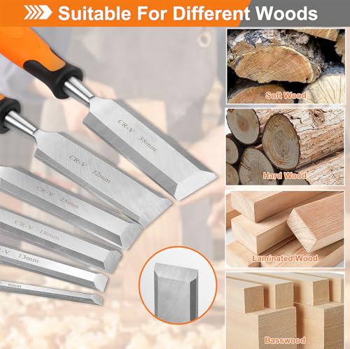 KINGBRO Wood Chisel, 6 Pcs Wood Carving Chisels for Woodworking Tools, Durable Carbon Steel PP+TPR High Impact Handle Wood Chisel Sets Gifts for Woodworkers Carpenter Craftsman, 6/12/19/25/32/38mm