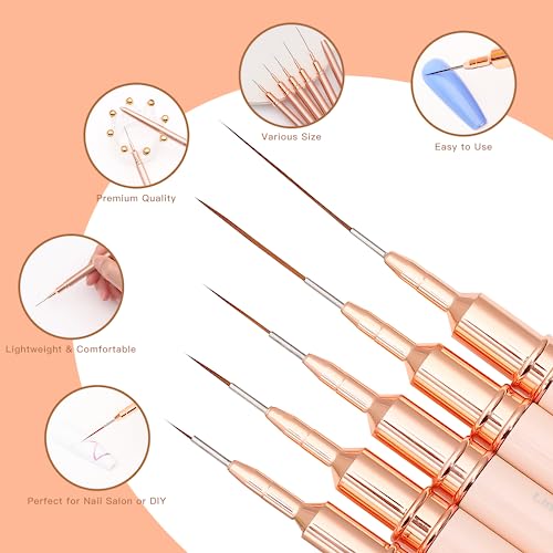 Komall Metallic Nail Art Brushes, 5Pcs Liner Brush Set, UV Gel Polish Painting Art Design Pen for Long Lines, Thin Details, Fine Drawing Sizes 4/8/12/20/25mm(Champagne Gold) - color: Champagne Gold